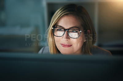 Buy stock photo Businesswoman, glasses and working late on a computer or  or overtime for a project deadline or schedule and in an office. Research, email and face of corporate worker or analysis and online at night