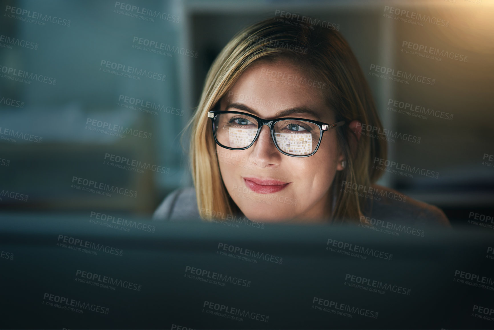 Buy stock photo Businesswoman, glasses and working late on a computer or  or overtime for a project deadline or schedule and in an office. Research, email and face of corporate worker or analysis and online at night