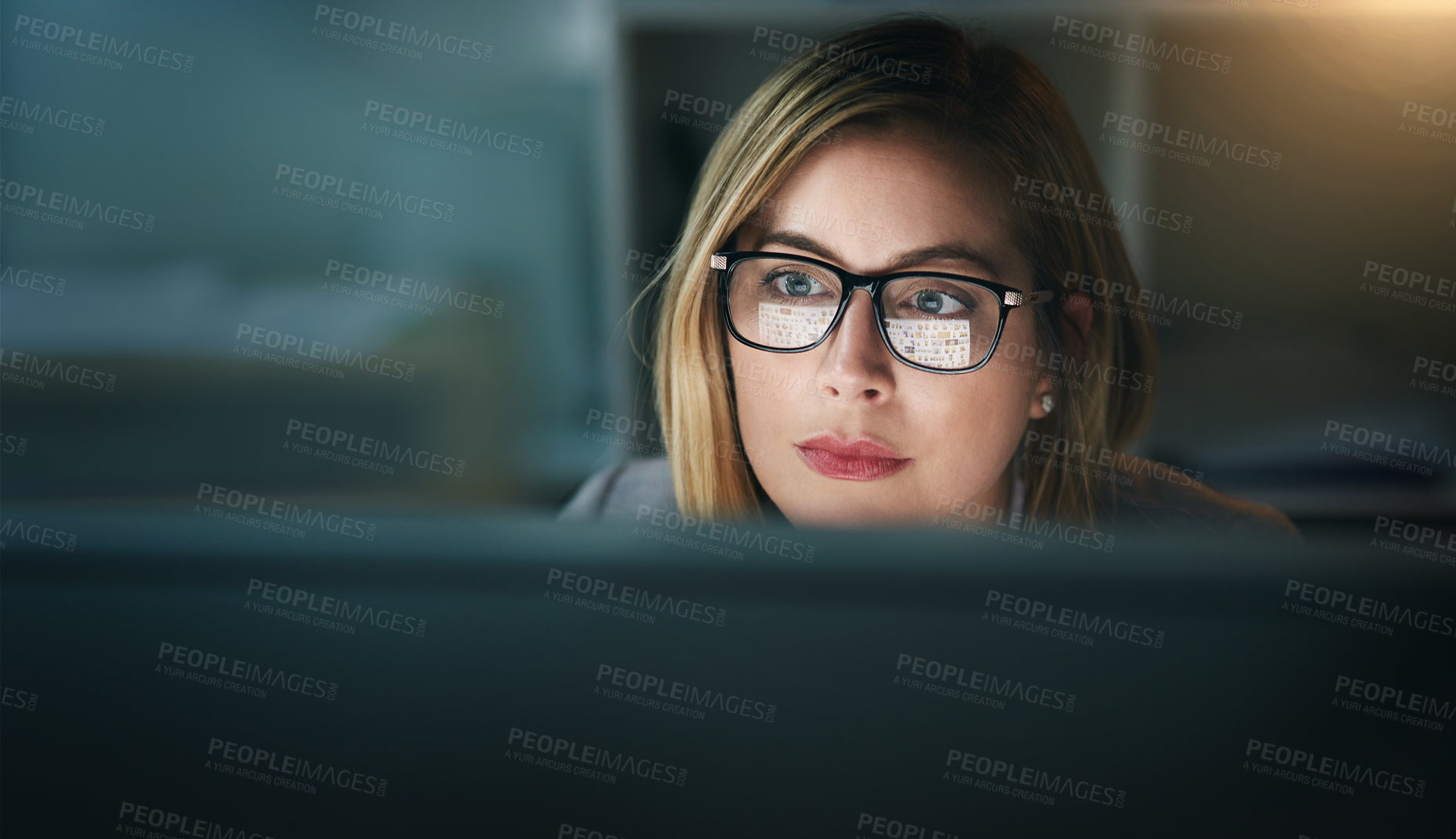 Buy stock photo Computer, thinking and glasses of woman at night for reading email, planning and working in office. Professional, career and female receptionist for administration, research deadline or information