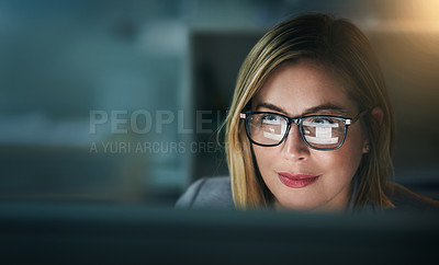 Buy stock photo Glasses, serious and business woman at night on a computer or working late or editor for a project deadline and in an office. Research, email and overtime or corporate worker or analysis and on pc