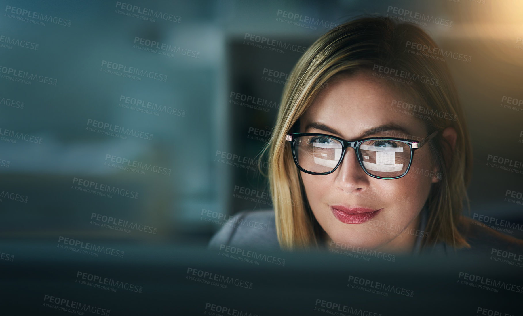 Buy stock photo Glasses, serious and business woman at night on a computer or working late or editor for a project deadline and in an office. Research, email and overtime or corporate worker or analysis and on pc