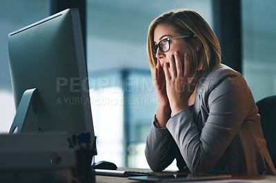 Buy stock photo Computer, anxiety and business woman in office, tired or fatigue while working late at night. Burnout, deadline and female person with stress, depression or brain fog, sick or exhausted in workplace.