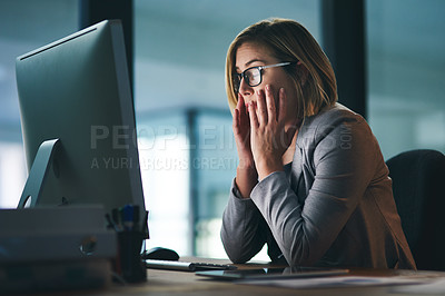 Buy stock photo Stress, headache and business woman in office, tired or fatigue while working late at night on computer. Burnout, deadline and female person with depression, anxiety or brain fog, sick or exhausted.