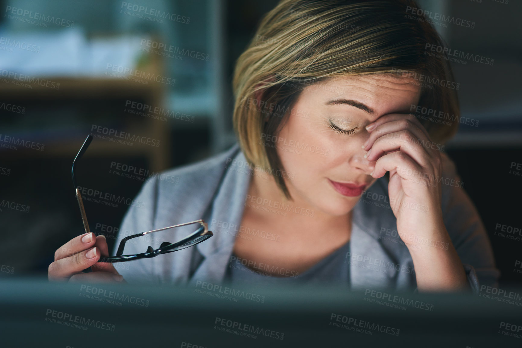 Buy stock photo Tired woman, headache and night with stress in financial crisis, anxiety or burnout at office. Frustrated female person, business employee or migraine in depression, debt or working late for deadline