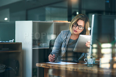 Buy stock photo Woman, office and tablet with writing on paper for notes or deadline as web designer in digital agency. Female person, business and working on computer for planning, ideas as professional for company