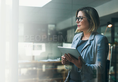 Buy stock photo Business woman, thinking and tablet with ideas, plan or deadline as project manager in web agency for communication. Female person, app and working on tech for connection as professional for company
