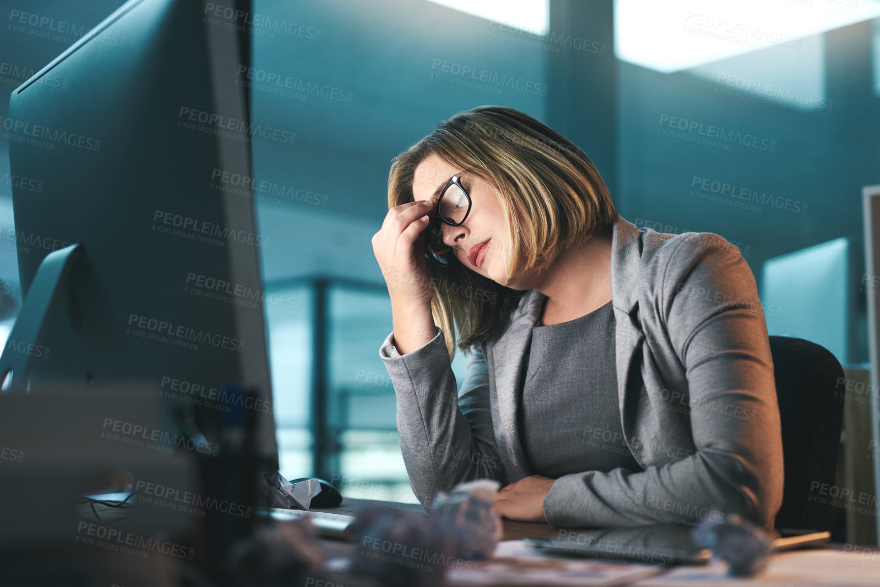 Buy stock photo Sick, headache and business woman in office, tired or fatigue while working late at night on computer. Burnout, migraine and female person with depression, anxiety or brain fog, stress and deadline.