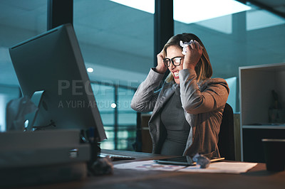 Buy stock photo Computer, frustrated and business woman in office with glitch or 404 problem while working at night. Headache, angry and female person with depression, anxiety or burnout and stress for deadline.