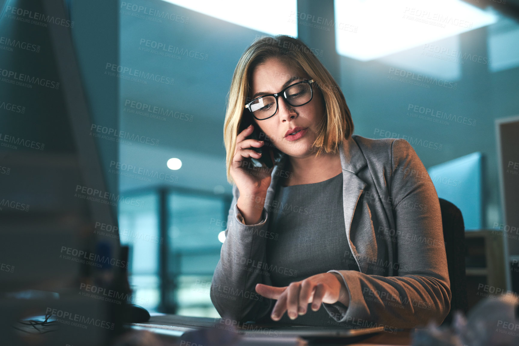 Buy stock photo Night, businesswoman and phone call in office with tablet, case information and talking with contact. Professional, female attorney and tech for corporate firm, legal service and labor law employee