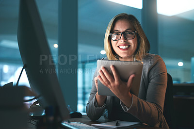 Buy stock photo Tablet, portrait and businesswoman at night in office for reading email, planning and working. Professional, scroll and secretary for administration, research deadline and digital information