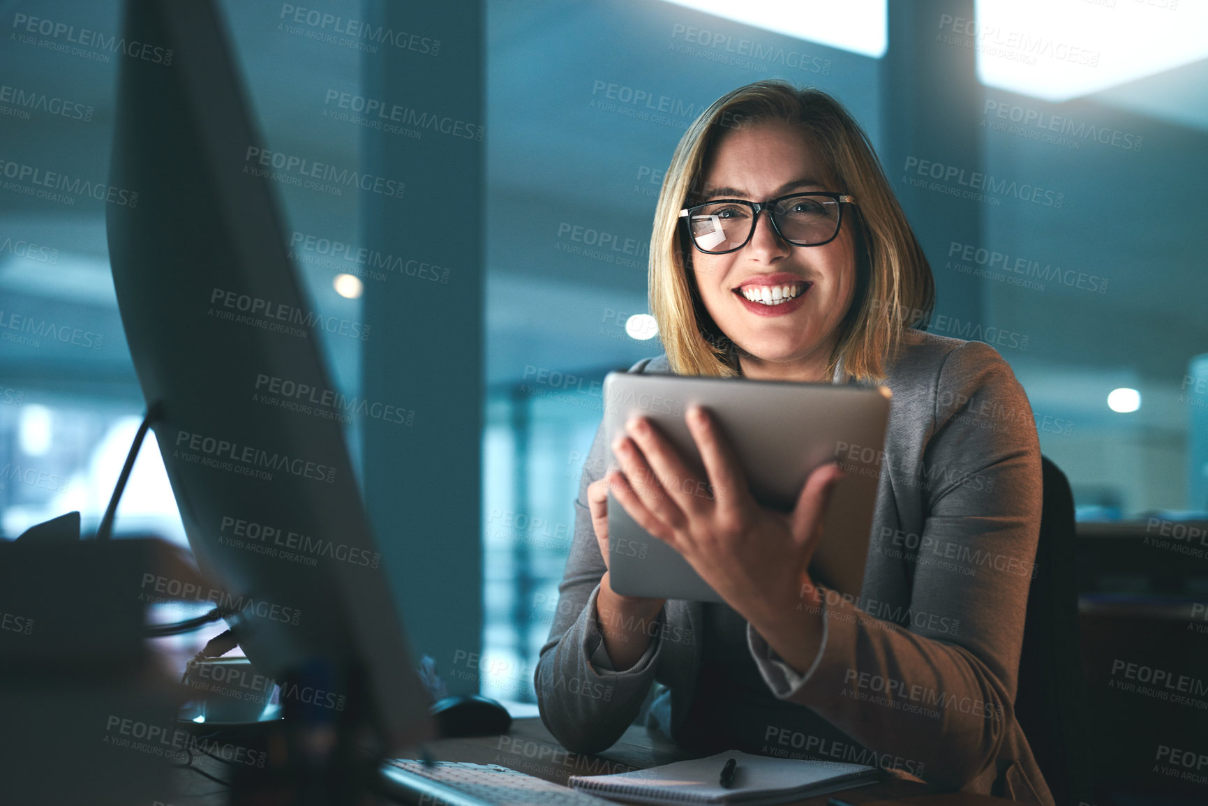 Buy stock photo Tablet, portrait and businesswoman at night in office for reading email, planning and working. Professional, scroll and secretary for administration, research deadline and digital information