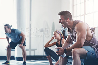 Buy stock photo Shot of a fitness group cheering each other on
