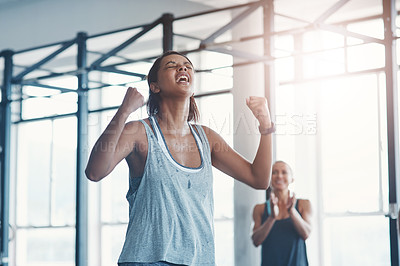 Buy stock photo Fitness, challenge and woman with achievement, celebration and exercise with balance. Female person, athlete or girl with workout progress, performance or training with happiness or healthy lifestyle