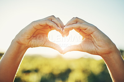 Buy stock photo Girl with heart hands, nature and sunshine, sustainability and eco friendly earth care and natural farm landscape. Conservation, sustainable farming and love hand sign emoji, woman with green fingers