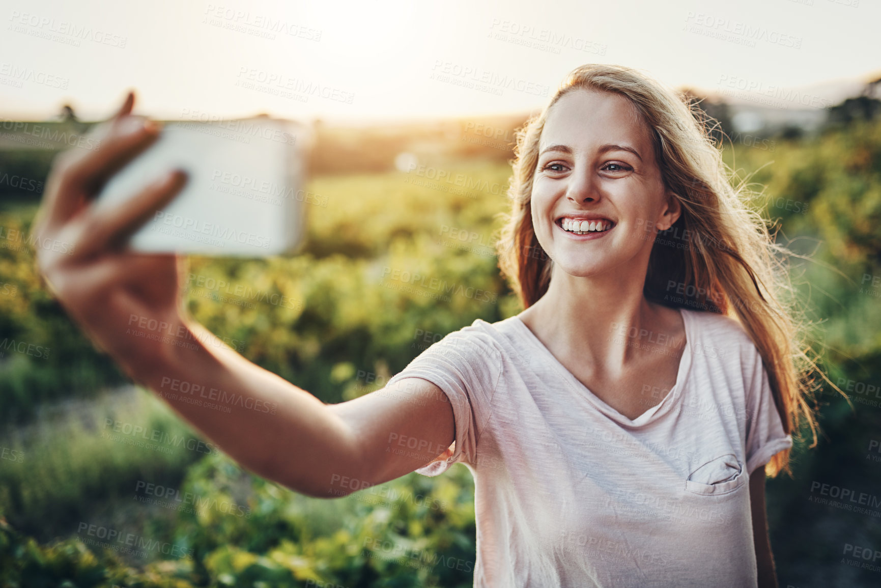 Buy stock photo Selfie, woman and eco travel with NGO, social media and blogger on volunteer program for agriculture. Smile, outdoor and sustainable farming in France for a charity organisation for environment