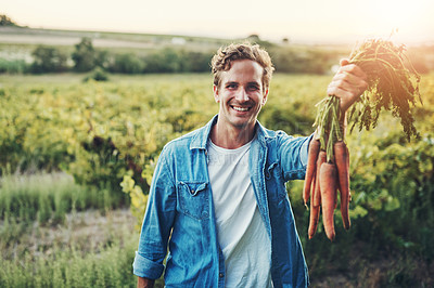 Buy stock photo Cropped portrait of a handsome young man holding a bunch of carrots and smiling with his farm in the background