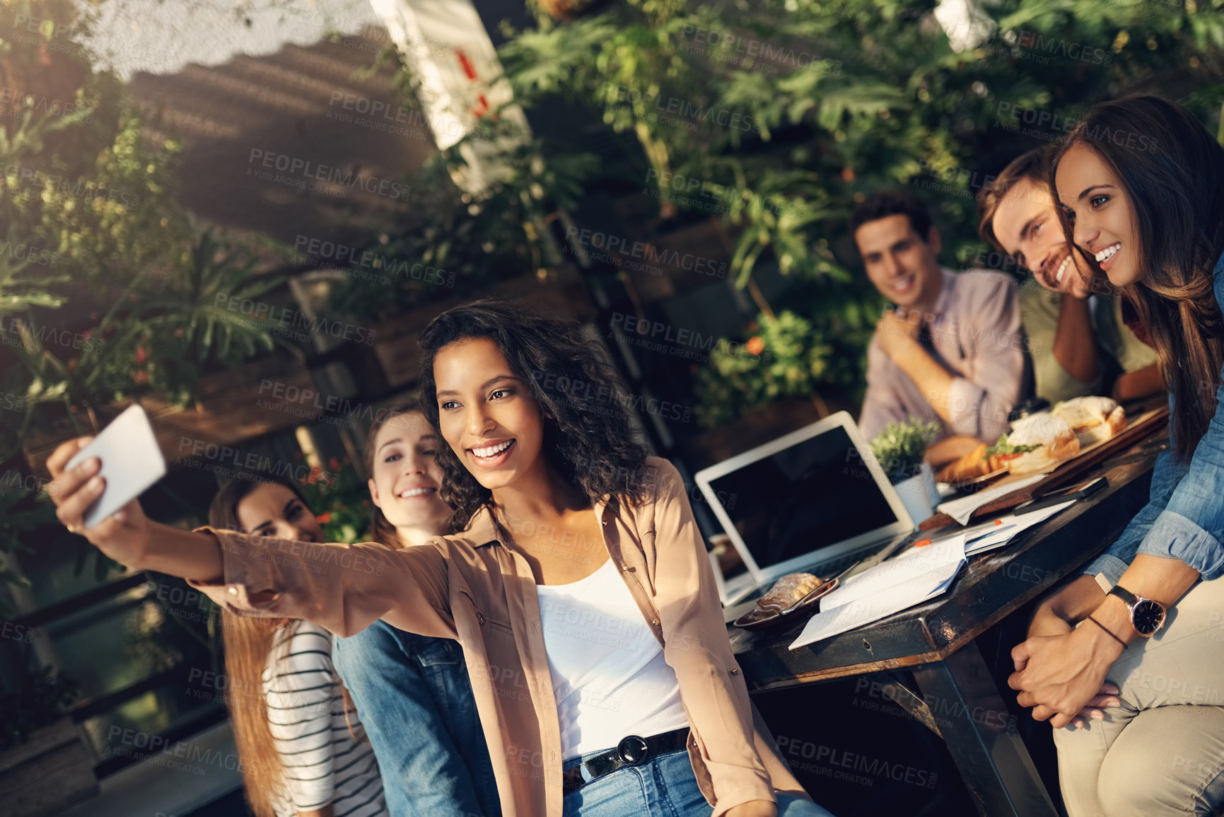 Buy stock photo Happy group, team and cafe with selfie for photography, moment or memory in meeting at outdoor restaurant. Young people of creative employees with smile for picture, bonding or startup at coffee shop