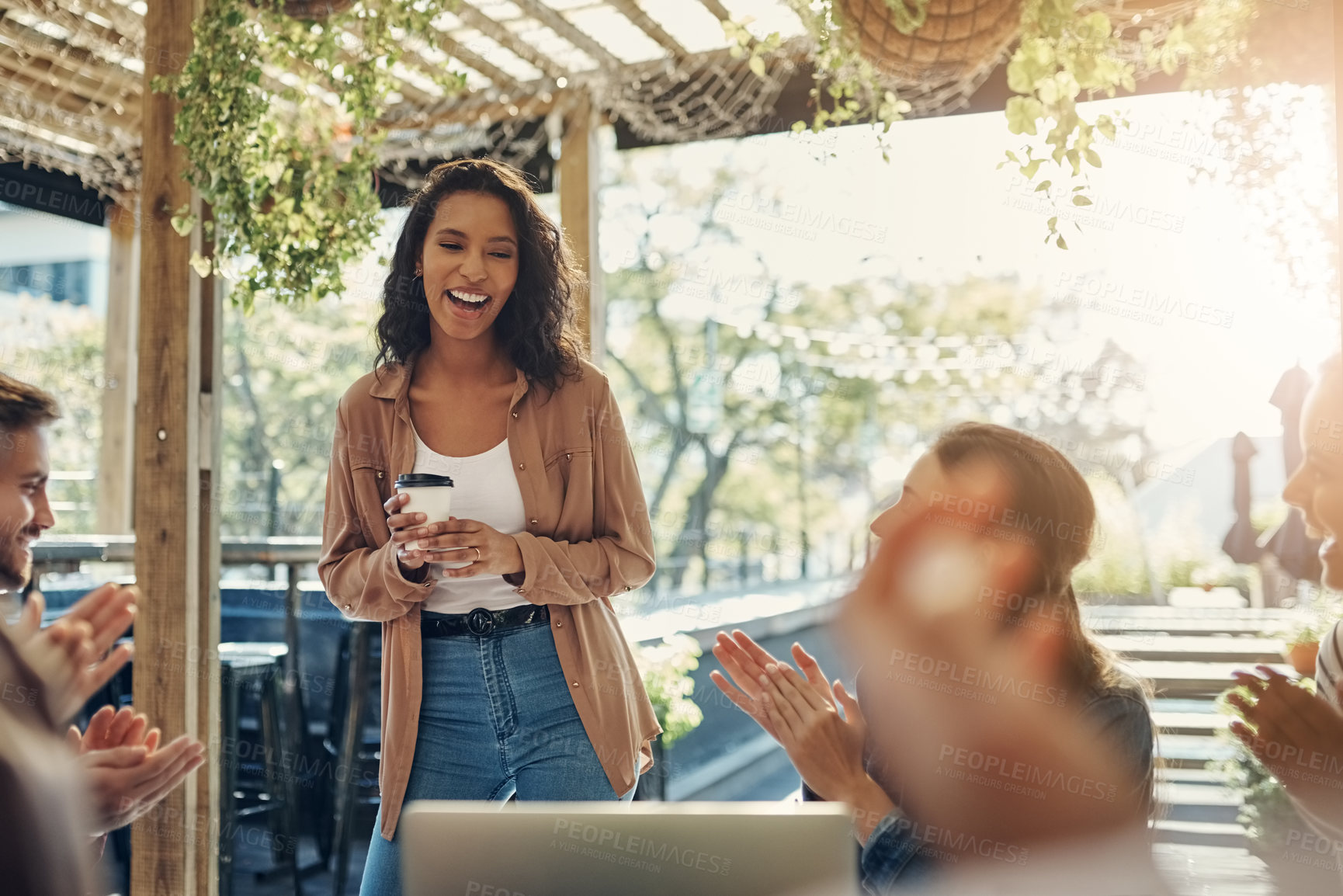 Buy stock photo Business woman, coffee and presentation with applause for meeting, thank you or discussion at cafe. Young female person with group of employees clapping for promotion or team building at coffee shop