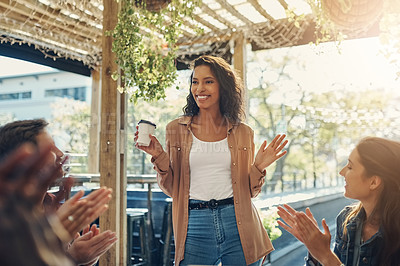 Buy stock photo Cropped shot of an attractive young businesswoman addressing her colleagues during a breakfast meeting outside