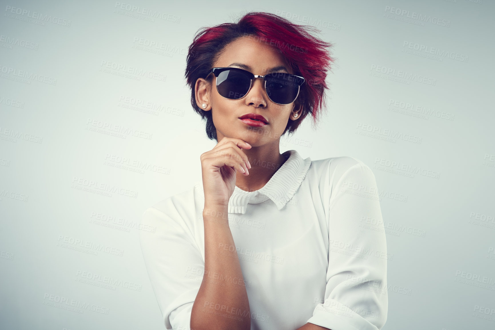 Buy stock photo Woman, fashion and portrait with sunglasses in studio for summer outfit, stylish and clothes. Female person, relax and shades with confidence by gray background for trendy, eyewear and cool accessory