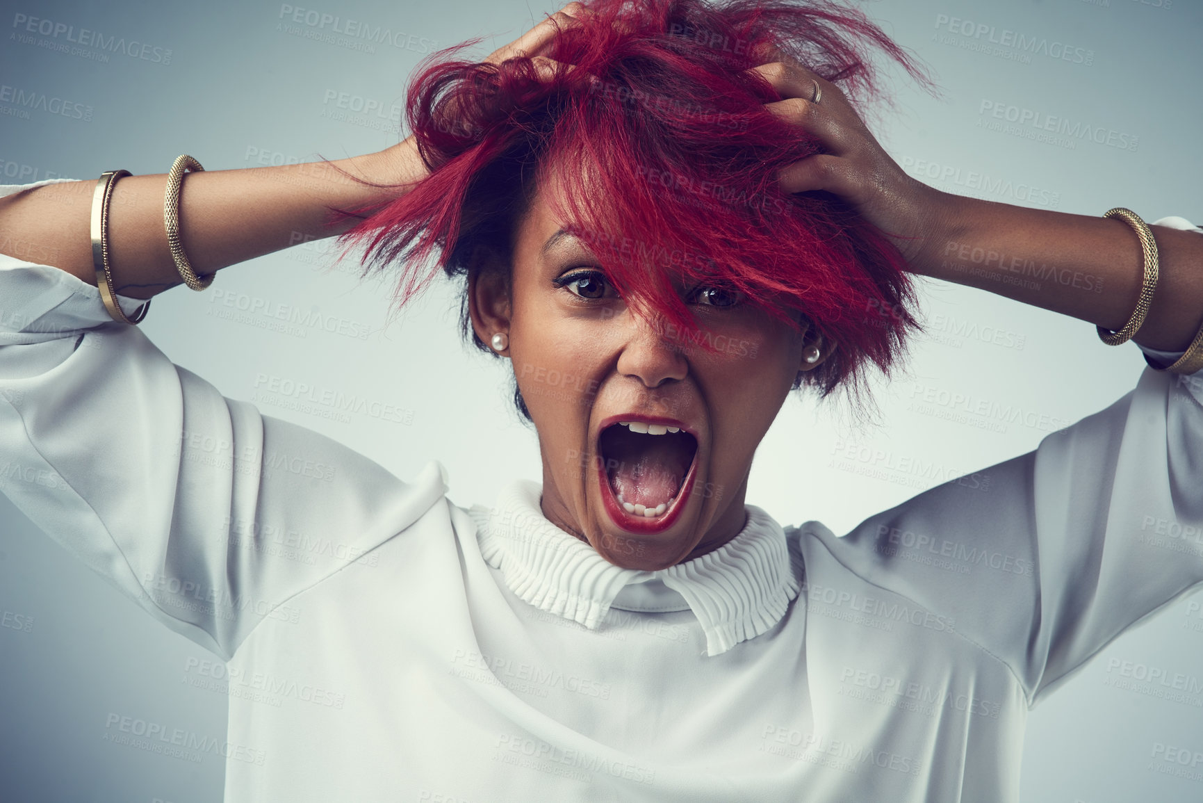 Buy stock photo Shocked, frustrated and woman in studio holding head for trauma, mental health and stress or anxiety for debt or crisis. Portrait of person with pain, migraine or schizophrenia on white background