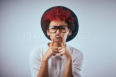 Buy stock photo African woman, silly and portrait with fashion and hipster style with pout and sad emoji face gesture. Studio, glasses and trendy eyewear with minimalist outfit and hip clothes with grey background