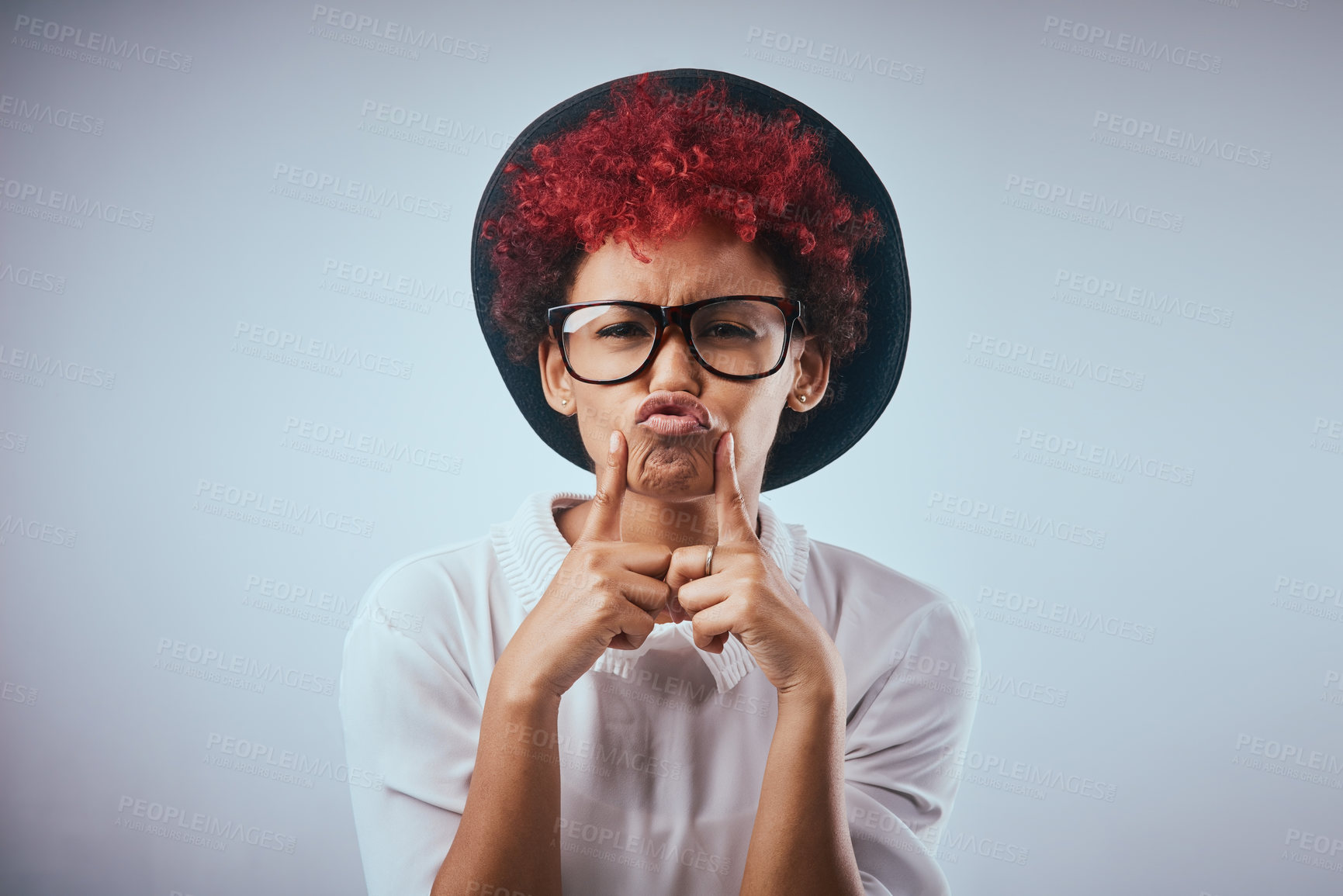 Buy stock photo African woman, silly and portrait with fashion and hipster style with pout and sad emoji face gesture. Studio, glasses and trendy eyewear with minimalist outfit and hip clothes with grey background