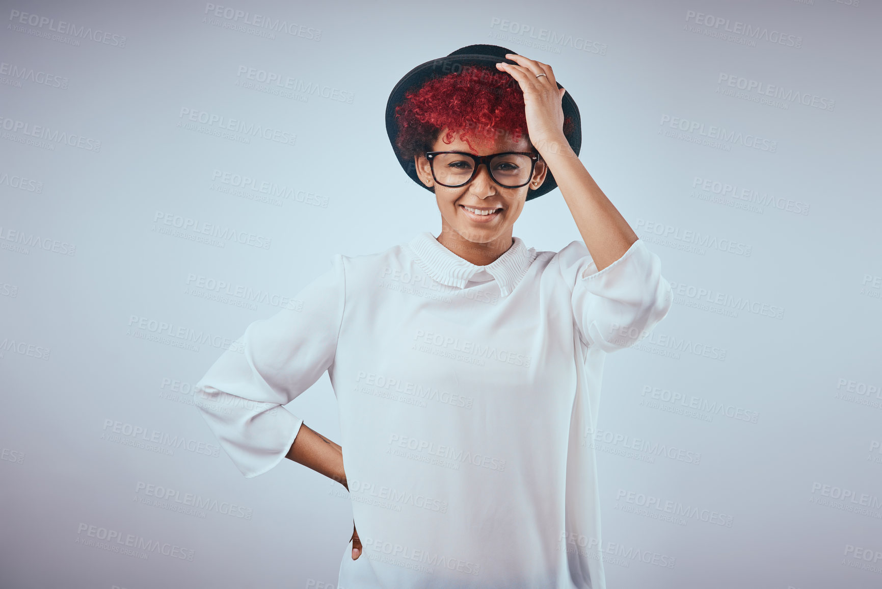 Buy stock photo African woman, silly and happy portrait with fashion and hipster style with epic fail and smile Studio, glasses and trendy eyewear with minimalist outfit and hip clothes with grey background