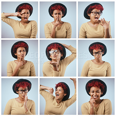 Buy stock photo Composite image of a beautiful young woman against a gray background