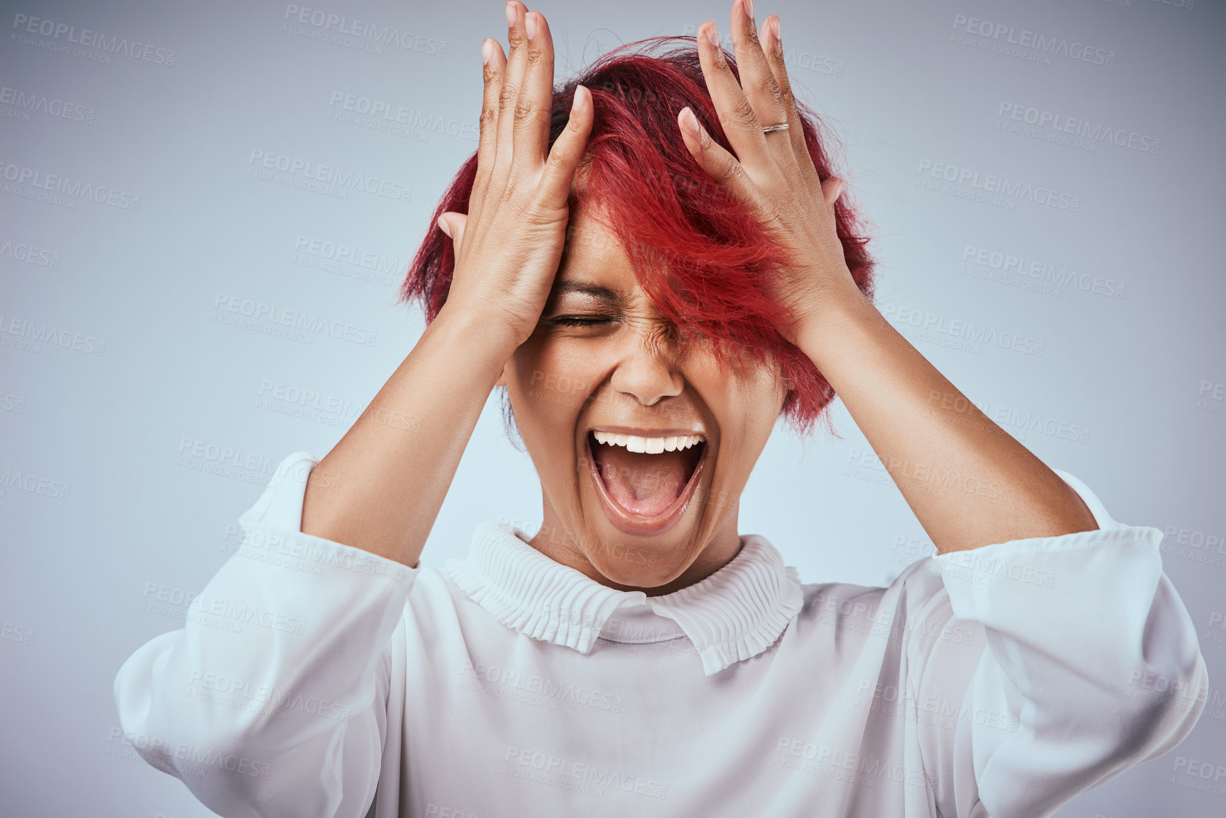 Buy stock photo African woman, shouting and hair care in studio for mistake, texture and cosmetics with red dye. Girl, screaming and frustrated on gray background for hairdresser crisis, salon or transformation fail