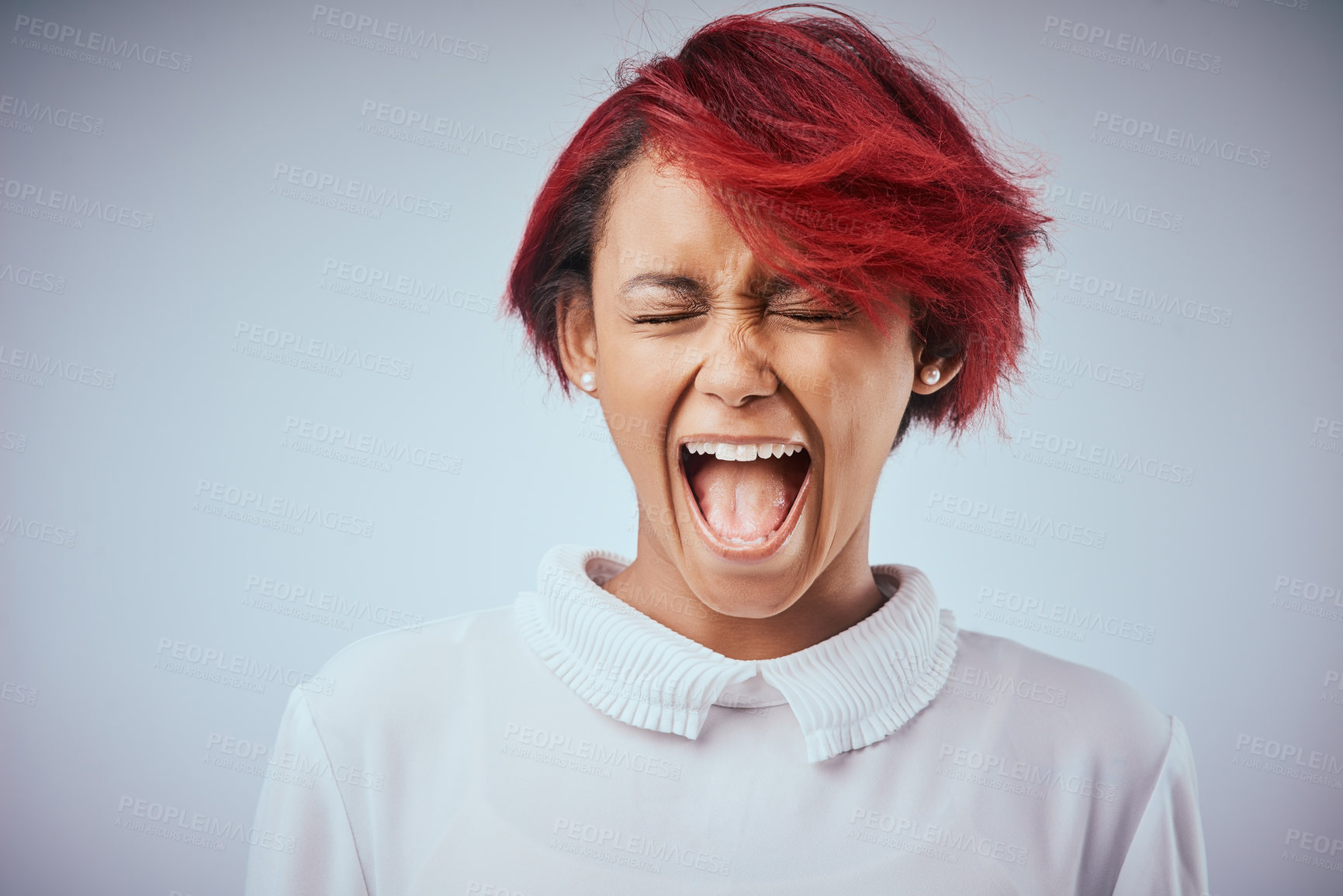 Buy stock photo African woman, screaming and angry from mistake and anger management in studio. Yelling, stress and conflict problem with overwhelmed person with anxiety and burnout with noise and gray background