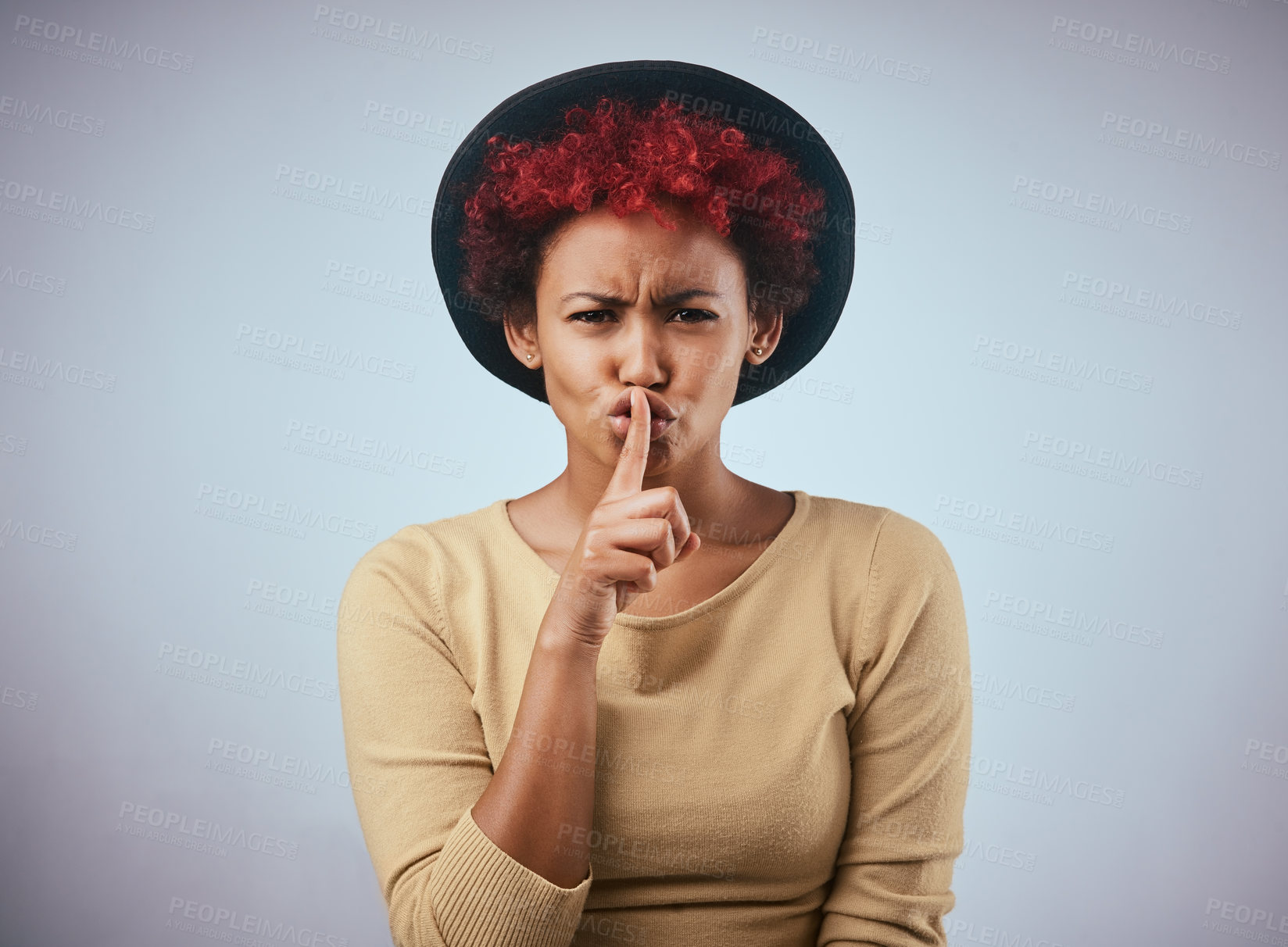 Buy stock photo Secret, finger on lips and portrait of woman in studio for gossip, silence and privacy for confidential news. Gesture, facial expression and person for emoji, whisper and noise on white background