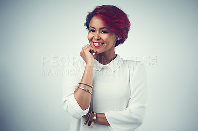 Buy stock photo African woman, portrait and hair care in studio for confidence, texture and cosmetics with red dye. Female person, happy and aesthetic on gray background for hairdresser, salon and transformation