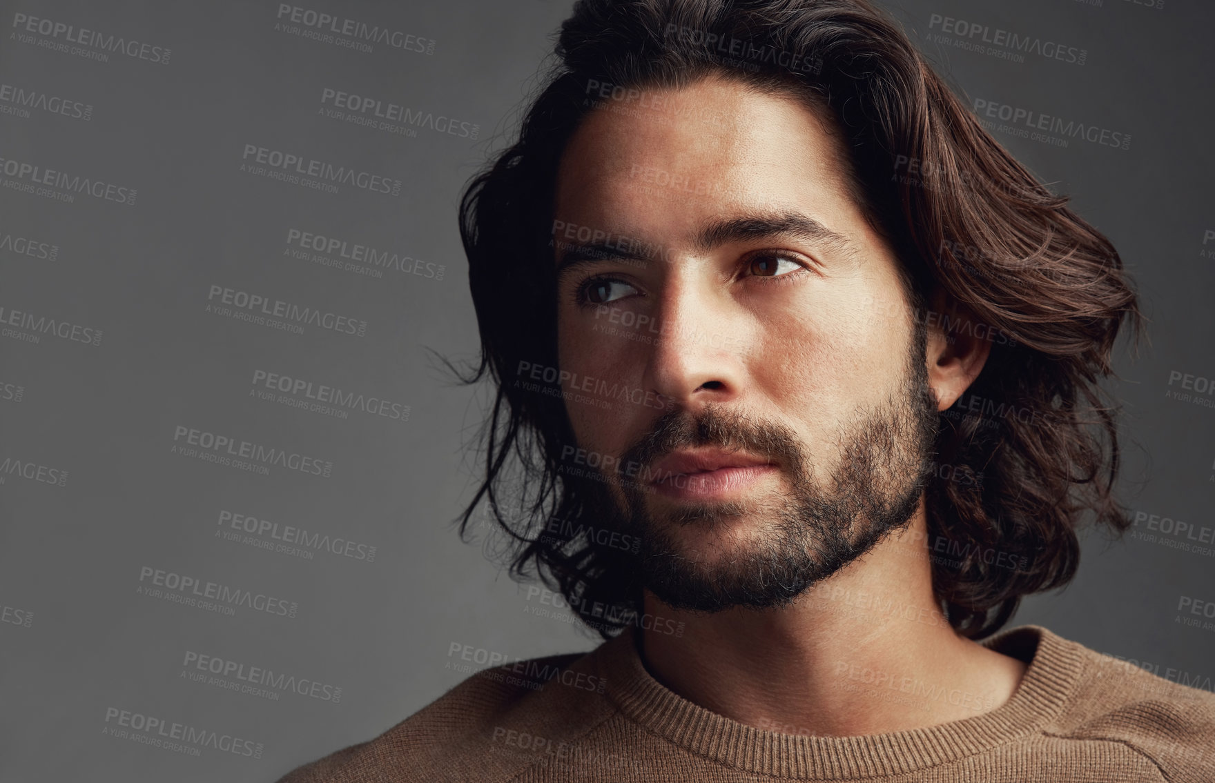 Buy stock photo Man, thinking and decision with choice, planning and person on grey studio background. Model, mockup space and guy with thoughts, wonder and inspiration with questions, emoji and solution with pride