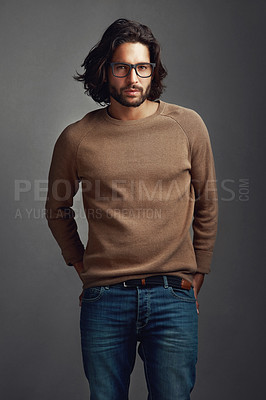 Buy stock photo Man, portrait and confident in studio for fashion, trendy style and glasses on dark background. Male designer, thinking or new lenses for vision with brand clothing, aesthetic or smart casual