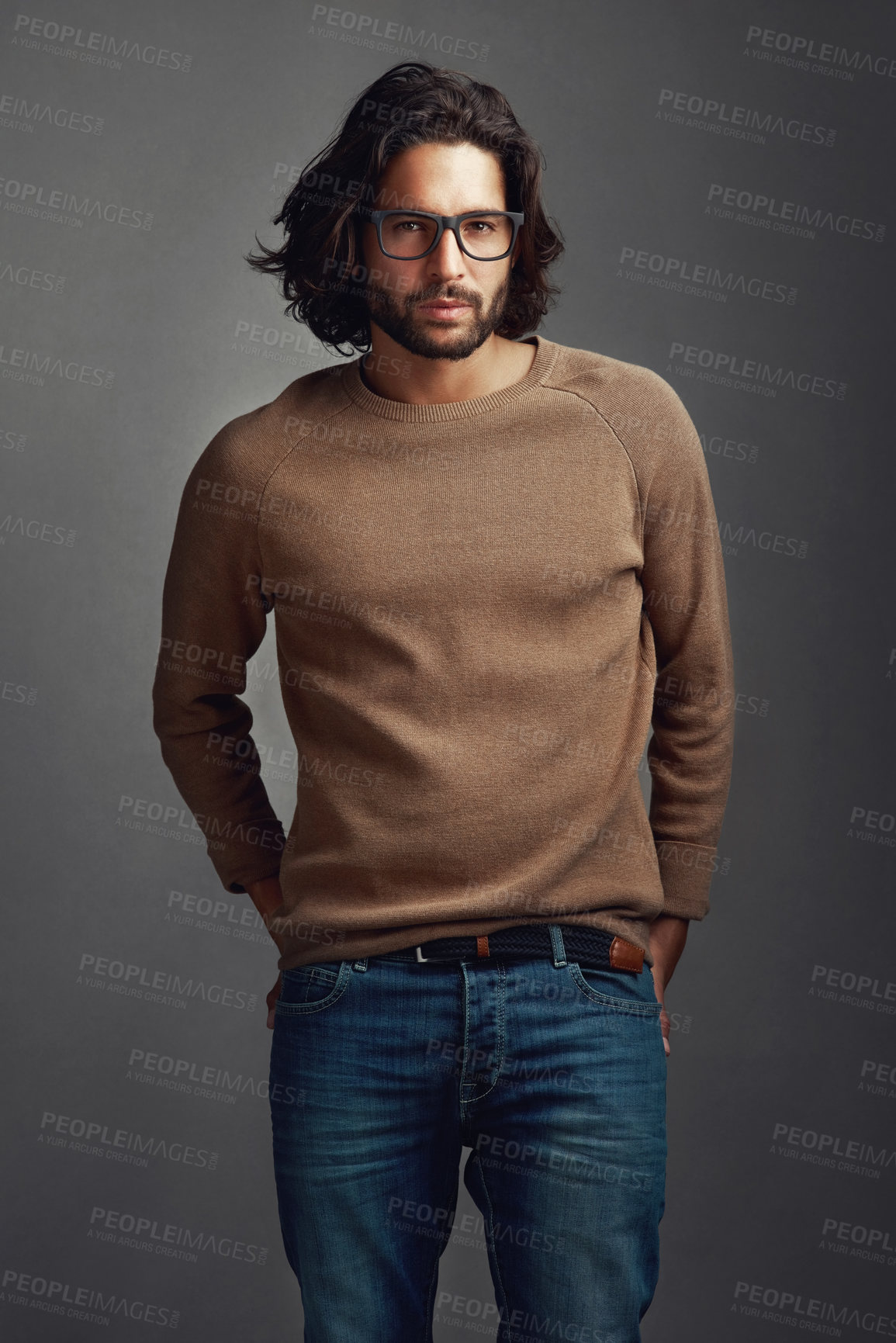 Buy stock photo Man, portrait and confident in studio for fashion, trendy style and glasses on dark background. Male designer, thinking or new lenses for vision with brand clothing, aesthetic or smart casual