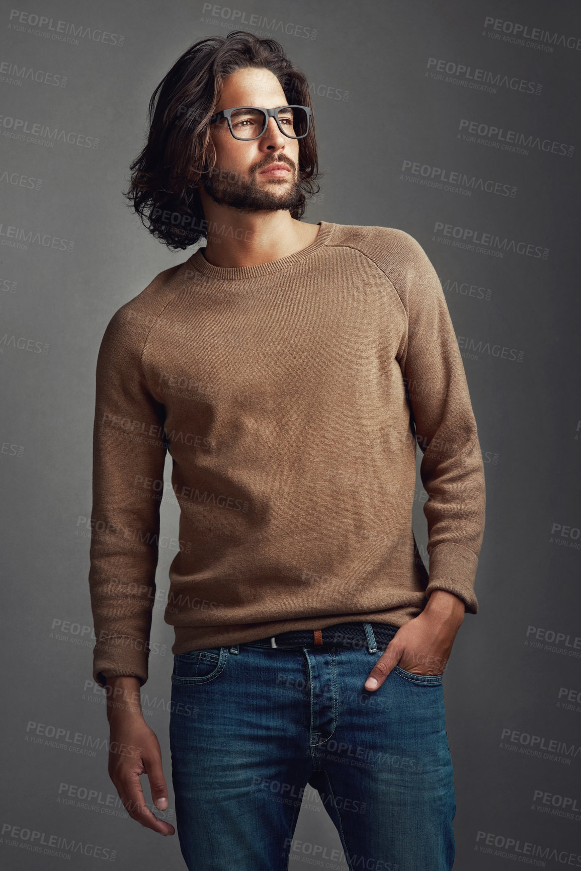 Buy stock photo Confident, man or thinking in studio mockup for fashion, trendy style or glasses on dark background. Male designer, idea or new frames for vision with opportunity, aesthetic or artistic inspiration