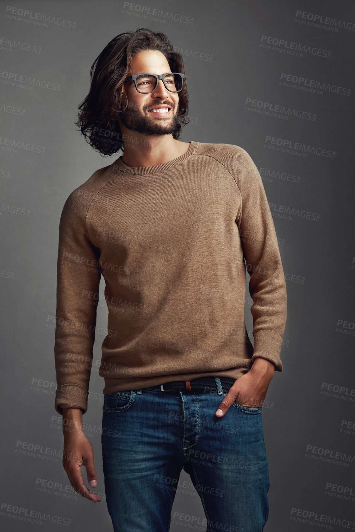 Buy stock photo Man, idea and glasses on studio mockup for fashion, style or confidence on dark background. Male designer, smile or new lenses for vision with brand clothing, opportunity or artistic inspiration