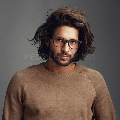 Buy stock photo Man, portrait and fashion with hipster, modern and casual style with glasses of a creative writer. Eyewear, confidence and writing professional from Spain with stylish, winter and minimalist outfit