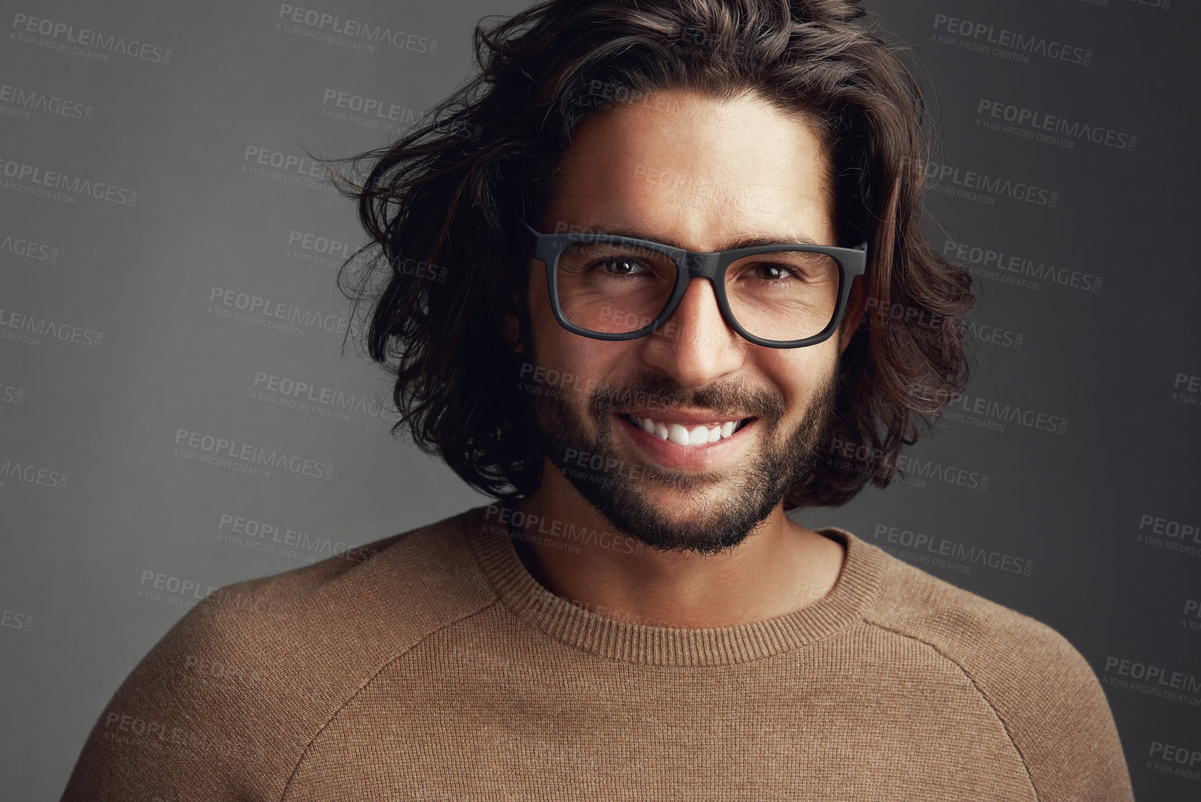 Buy stock photo Studio, eyewear or portrait of happy man with glasses, vision or clear sight on grey background. Prescription product, smile or confident male model for modern style, fashion or cool spectacle frame