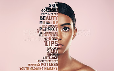 Buy stock photo Portrait, beauty words and woman isolated on pastel pink background for skincare, self love or cosmetics promotion. Face of indian person or model in natural makeup, skin care or motivation in studio