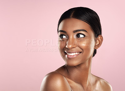Buy stock photo Thinking, skincare and face smile of woman in studio isolated on a pink background mockup. Natural beauty, happy and Indian female model with makeup, cosmetics or spa facial treatment for skin health