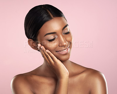 Buy stock photo Woman, studio and beauty with glow, skincare and cosmetics with satisfaction and confidence. Model, aesthetic or body care for natural, clean skin and detox for self love isolated on pink background 