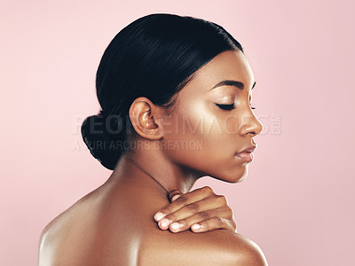 Buy stock photo Glow, makeup and beauty of Indian woman for skincare, facial or wellness treatment or dermatology, spa or cosmetics in studio. Girl, selfcare or luxury mockup or isolated face with skin confidence
