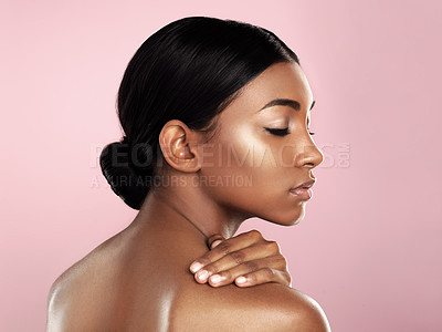 Buy stock photo Beauty, profile and makeup of Indian woman for skincare, facial or wellness treatment or dermatology, spa or cosmetics in studio. Girl, selfcare or luxury mockup or isolated face with skin confidence