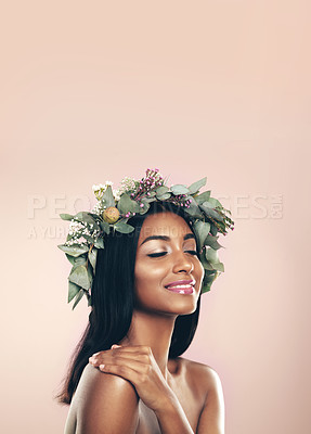 Buy stock photo Crown, flower and natural with beauty of Indian woman in studio isolated on pink background for cosmetics. Aesthetic, eyes closed and goddess of happy young model at salon or spa makeup for wreath