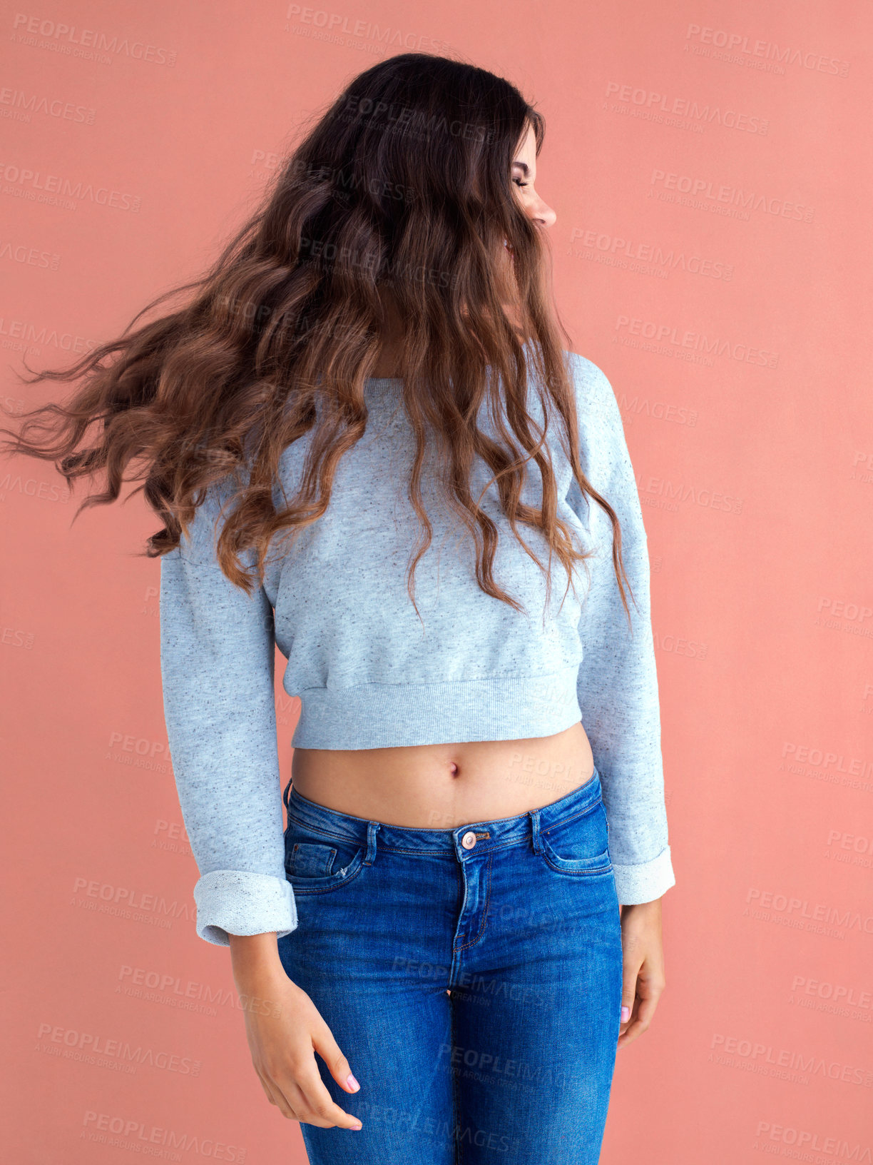 Buy stock photo Fashion, hair and excitement of happy woman in studio on pink background for cosmetics or haircare. Person, clothes and energy with trendy model in outfit for keratin or shampoo treatment at salon