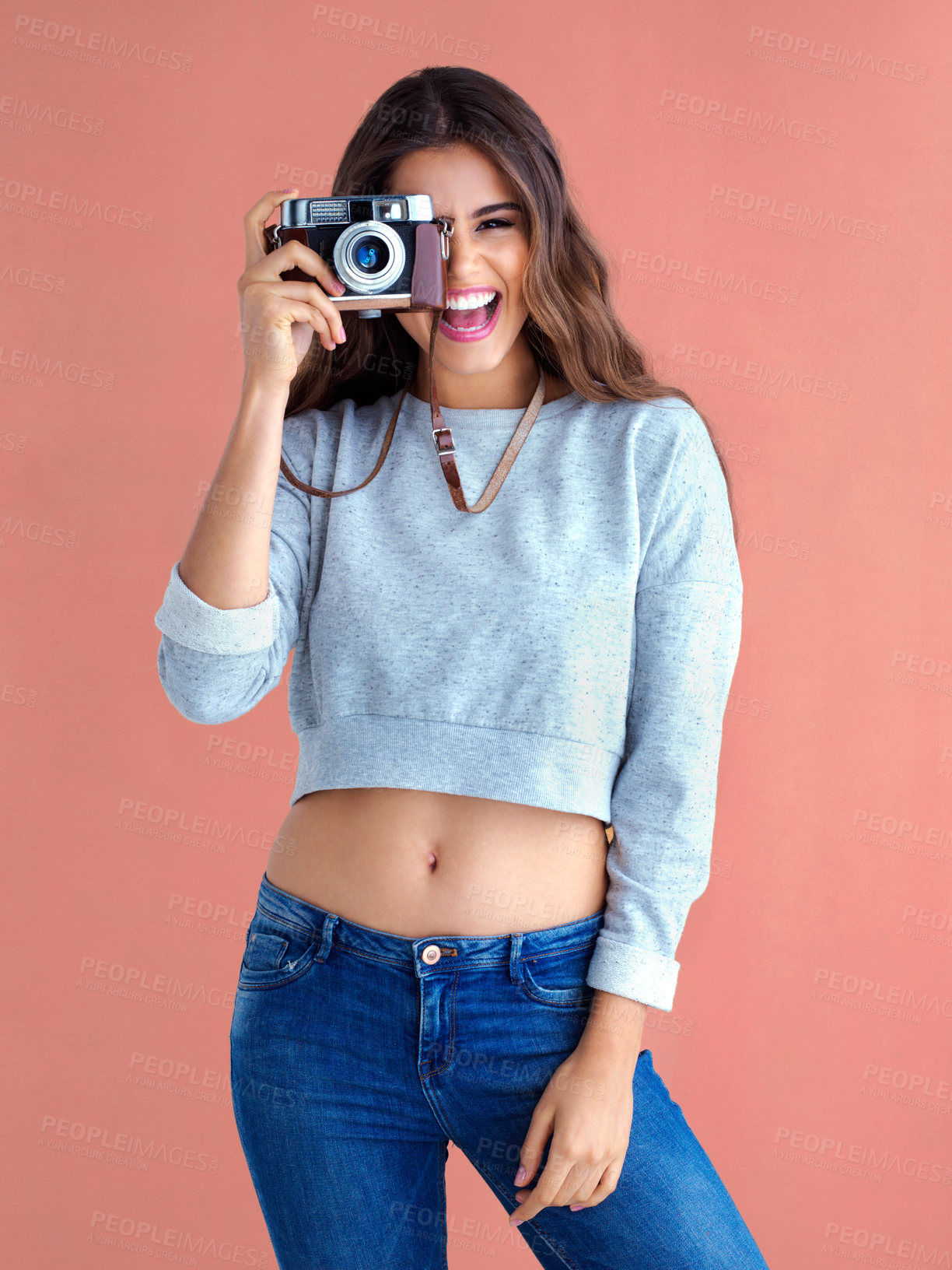 Buy stock photo Happy, woman and camera with funny, retro lens and photography in studio with smile. Gen z, vintage and excited with photo and creative college student with photographer and laugh of cool girl