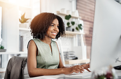 Buy stock photo Research, smile and business woman on a computer in office, happy and satisfied with web search. Online, review and African female person smiling for report, proposal or creative design inspiration