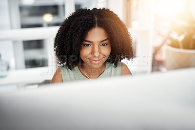 Buy stock photo Woman, computer of smile at startup, business or thinking of tech, planning or company mockup. Black female employee, pc or happy of vision, idea or dream of professional digital connectivity